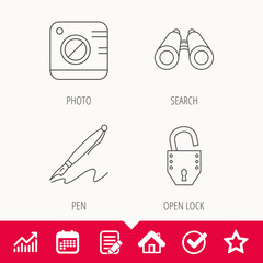 Photo, open lock and search icons. Pen linear sign. Edit document, Calendar and Graph chart signs. Star, Check and House web icons. Vector