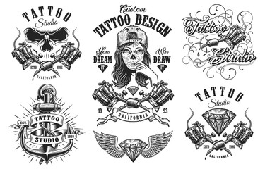 Set of vintage black and white tattoo emblems, badges, labels and logos. isolated on white background. layered - obrazy, fototapety, plakaty