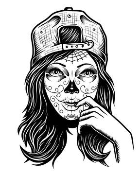 Illustration of black and white skull girl with cap on head on white background
