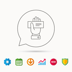 Cheque icon. Giving hand sign. Paying check in palm symbol. Calendar, Graph chart and Cogwheel signs. Download and Shield web icons. Vector