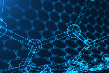 3d rendering nanotechnology, glowing hexagonal geometric form close-up, concept graphene atomic structure, concept graphene molecular structure