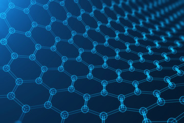 3d rendering abstract nanotechnology, glowing hexagonal geometric form close-up, concept graphene atomic structure, concept graphene molecular structure.