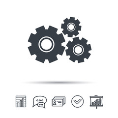 Cogwheels icon. Repair service symbol. Chat speech bubble, chart and presentation signs. Contacts and tick web icons. Vector