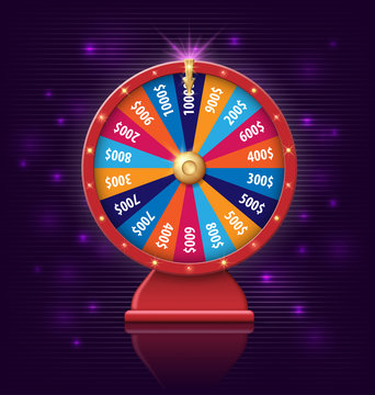 Wheel of fortune with glowing lamps for online casino, poker, roulette, slot machines, card games. realistic 3d wheel of fortune object isolated on dark violet background
