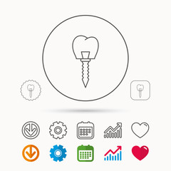 Dental implant icon. Oral prosthesis sign. Calendar, Graph chart and Cogwheel signs. Download and Heart love linear web icons. Vector