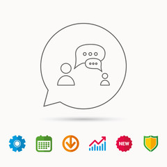 Dialog icon. Chat speech bubbles sign. Discussion messages symbol. Calendar, Graph chart and Cogwheel signs. Download and Shield web icons. Vector