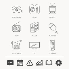 Radio, TV remote and video camera icons. Retro phone, PC case and mouse linear signs. Education book, Graph chart and Chat signs. Attention, Calendar and Cogwheel web icons. Vector