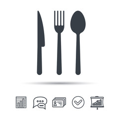 Fork, knife and spoon icons. Cutlery symbol. Chat speech bubble, chart and presentation signs. Contacts and tick web icons. Vector