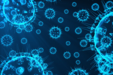 Virus and germs, bacteria, cell infected organism. Influenza Virus H1N1, Swine Flu on abstract background. Blue viruses glowing in attractive colour, 3D rendering