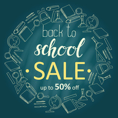 Fototapeta na wymiar Hand written trendy quote 'Back to school Sale, up to 50%