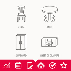 Chair, table and cupboard icons. Chest of drawers linear sign. Edit document, Calendar and Graph chart signs. Star, Check and House web icons. Vector