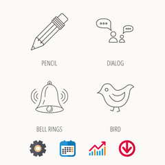 Dialogue, pencil and bird icons. Bell rings linear sign. Calendar, Graph chart and Cogwheel signs. Download colored web icon. Vector