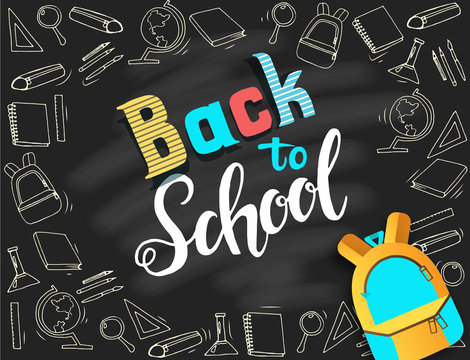 Hand written trendy quote 'Back to school". Banner with hand drawn school icons and hand made lettering. Poster, flyer, brochure. Advertising