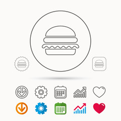Hamburger icon. Fast food sign. Burger symbol. Calendar, Graph chart and Cogwheel signs. Download and Heart love linear web icons. Vector