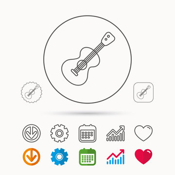 Guitar icon. Musical instrument sign. Band guitarist symbol. Calendar, Graph chart and Cogwheel signs. Download and Heart love linear web icons. Vector