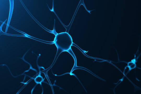 Conceptual illustration of neuron cells with glowing link knots. Synapse and Neuron cells sending electrical chemical signals. Neuron of Interconnected neurons with electrical pulses, 3D rendering