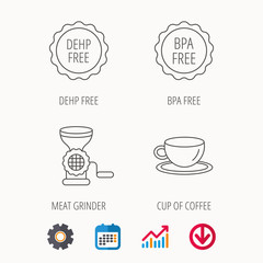 Coffee cup, meat grinder and BPA free icons. DEHP free linear sign. Calendar, Graph chart and Cogwheel signs. Download colored web icon. Vector