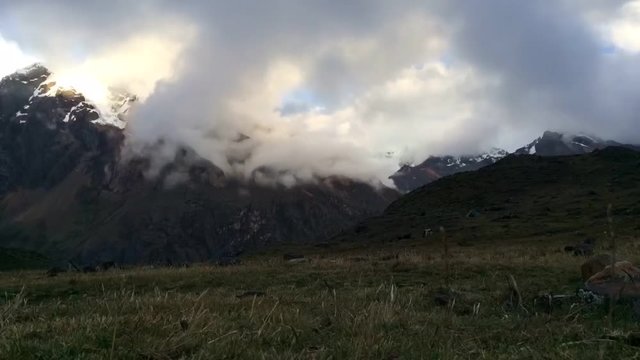 Clouds rolling in between the mountains, Cordillera range, Andes, Peru