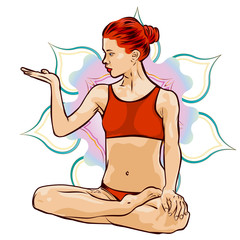 Woman doing yoga exercises. Mandala on the background. Vector image.