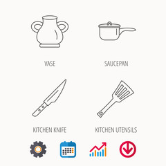 Saucepan, kithcen knife and utensils icons. Vase linear sign. Calendar, Graph chart and Cogwheel signs. Download colored web icon. Vector
