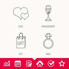 Love heart, gift bag and wedding ring icons. Engagement linear sign. Edit document, Calendar and Graph chart signs. Star, Check and House web icons. Vector