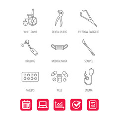 Fototapeta premium Medical mask, pills and dental pliers icons. Tablets, drilling tool and wheelchair linear signs. Enema, scalpel and tweezers flat line icons. Report document, Graph chart and Calendar signs. Vector