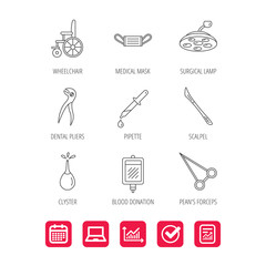 Medical mask, scalpel and dental pliers icons. Pipette, surgical lamp and wheelchair linear signs. Blood donation, clyster and drop flat line icons. Report document, Graph chart and Calendar signs