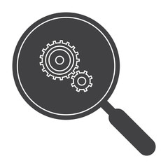 Analysis icon with magnifying glass and gears, vector silhouette