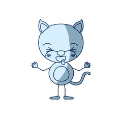 blue color shading silhouette caricature of cute kitten disgust expression and sticking out tongue vector illustration
