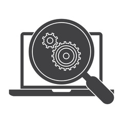Testing software concept with laptop and wheel gears, vector silhouette