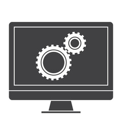 Testing software concept with computer and wheel gears, vector silhouette