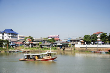 Fototapeta na wymiar Thai people drive Barge and Tug Boat cargo ship in chao phraya river