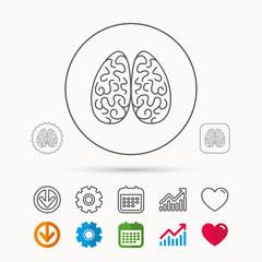 Neurology icon. Human brain sign. Calendar, Graph chart and Cogwheel signs. Download and Heart love linear web icons. Vector