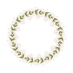 Vector botanical illustration with a wreath made of stylized hand drawn  leaves.