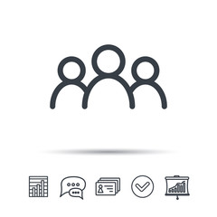 People icon. Group of humans sign. Team work symbol. Chat speech bubble, chart and presentation signs. Contacts and tick web icons. Vector