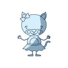 blue color shading silhouette caricature of cute expression female kitten in skirt with bow lace vector illustration