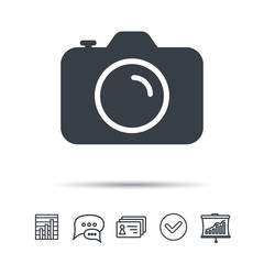 Camera icon. Professional photocamera symbol. Chat speech bubble, chart and presentation signs. Contacts and tick web icons. Vector