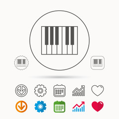 Piano icon. Royal musical instrument sign. Calendar, Graph chart and Cogwheel signs. Download and Heart love linear web icons. Vector