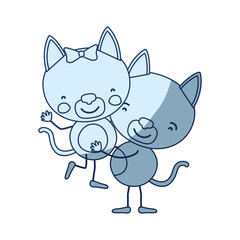 blue color shading silhouette caricature with couple of kittens one carrying the other cute animals love vector illustration