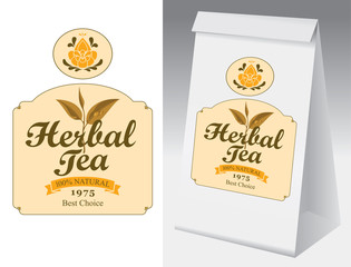 Paper packaging with label for herbal tea. Vector label for herbal tea with branch with leaves tea and paper 3d package with this label.