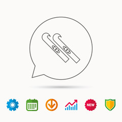 Skiing icon. Skis sign. Winter sport symbol. Calendar, Graph chart and Cogwheel signs. Download and Shield web icons. Vector