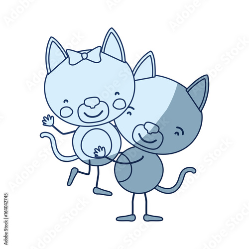 Blue Color Shading Silhouette Caricature With Couple Of Kittens One Carrying The Other Cute Animals Love
