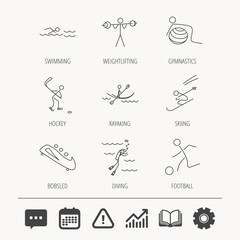 Swimming, football and skiing icons. Ice hockey, diving and gymnastics linear signs. Kayaking, weightlifting and bobsleigh icons. Education book, Graph chart and Chat signs. Vector