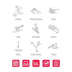 Pilates, football and skiing icons. Fishing, diving and figure skating linear signs. Ski jumping, horseback riding and bobsled icons. Report document, Graph chart and Calendar signs. Vector