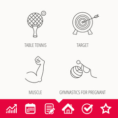 Target, table tennis and biceps icons. Gymnastics for pregnant linear sign. Edit document, Calendar and Graph chart signs. Star, Check and House web icons. Vector
