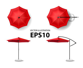 Open red umbrella for summer and beach cafe. Vector illustration view of the top, side view   © artkox