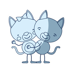 blue color shading silhouette caricature with couple of cats embraced vector illustration