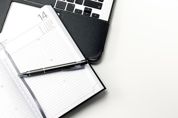 Office accessories on white background. Top view