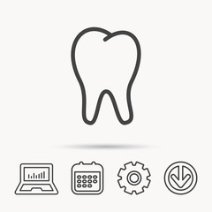 Tooth icon. Stomatology sign. Dental care symbol. Notebook, Calendar and Cogwheel signs. Download arrow web icon. Vector