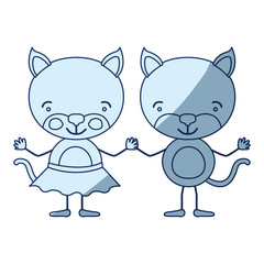 blue color shading silhouette caricature with couple of cats holding hands vector illustration